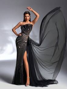IBTRLY Elegante y lujoso vestido de gala con bordado de lentejuelas, sin tirantes, con abertura lateral, drapeado de malla fluida para fiestas, bodas, bailes de graduación, alfombra roja - Negro - Ver 8