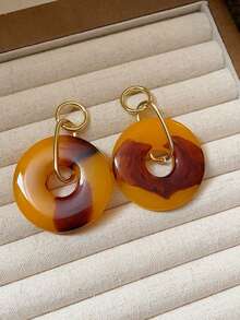 1 Pair Asymmetrical Metal Round Resin Pendant Earrings, European & American Style Earrings For Women & Girls, Suitable For Travel, Wedding, Party, Birthday, Christmas Gift 2025