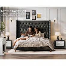 Luxury Velvet Wingback Bed Frame With 61.4" Tall Button Tufted Headboard - Platform, Solid Wood Legs, Modern Glam, Black - màu đen - Xem 5