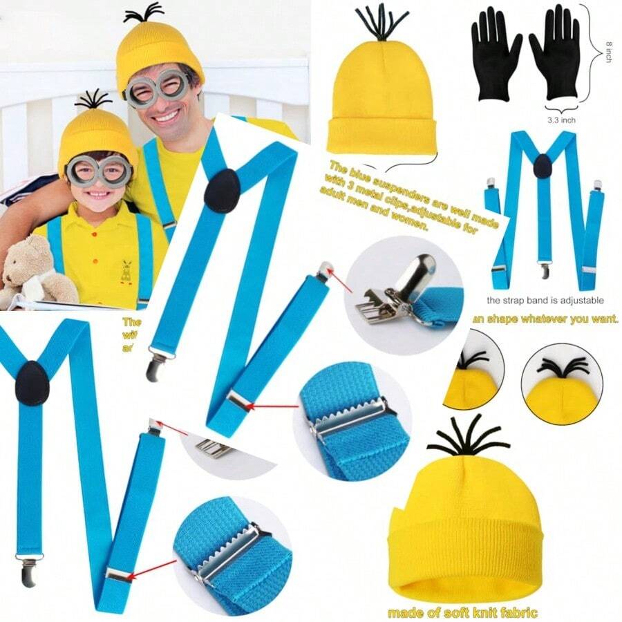 4 Pcs Halloween Costume Accessories AdultsYellow Beanie Hat/Goggles/Gloves/Suspenders For Halloween Dress Up - 如圖 - 查看 1