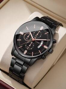 1pc Men's Fashion Three-Eye Calendar Dial Stainless Steel Band Quartz Casual Business Wrist Watch, No Watch Box Included