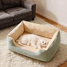 SUNFIONA 四季方形毛绒宠物床带垫 - 柔软舒适的羊毛中型猫和小型犬沙发床,开放式顶部设计,耐用易清洁的可折叠室内窝,适用于卧室、客厅、阳台 - 为小猫和小型犬提供温暖的庇护所,猫床,舒适的宠物家具,毛绒宠物床上用品,可折叠宠物床,涤纶宠物床 - 彩色 - 查看 6