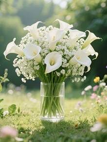 30PCS Stems Artificial Flowers, Premium White Realistic Calla And Gypsophila For Home Decor, Wedding Decoration, Table Centerpiece, Office Decor, Valentine's Day, Father's Day, Lily & Carnation Arrangement, Holiday Seasonal Display