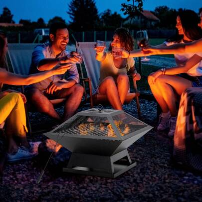 Outsunny Outdoor Fire Pit, Wood Burning Patio Firepit With Cooking BBQ Grill, Spark Screen, Poker For Backyard, Black