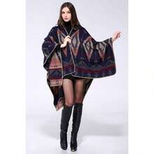 Women's Warm Shawl Wrap Cape Winter Cardigan Sweaters Open Front Poncho - A3-xanh nước biển - Xem 4