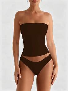 XLLAIS 性感无肩带基础款背心，时尚纯色弹力修身棕色抹胸上衣，四季皆宜。