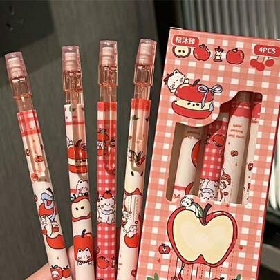 1 Box Of 4 Red Apple Cat Automatic Pencils, High-Quality Stationery, Durable Lead, Suitable For Students, Learning, Exams, Collection, Creative Gifts