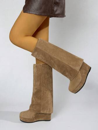 Fall/Winter Slimming Knee-High Boots, Fashion Suede Flared Leg Chunky Heel Outdoor Riding Boots, French Elevated Heeled Women Boots