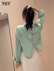 [Y6Y] Áo sơ mi nữ tay dài dáng lửng cổ polo xẻ tà sau, thanh lịch, thích hợp mặc hàng ngày vào mùa xuân. - màu xanh lá - Xem 3