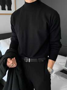 Jersey de cuello alto de manga larga con ajuste holgado de unicolor para hombre, estilo de dinero viejo para otoño/invierno,Top informal maduro y sofisticado,Adecuado para desplazamientos diarios, viajes de trabajo y viajes de negocios Camiseta de manga larga. - Gris - Ver 2