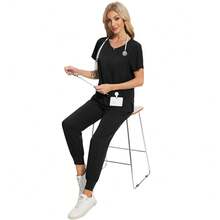 1 Set de Uniforme Médico de Mujer con Manga Corta, Cremallera, Cuello Redondo y Bolsillo, Conjunto Informal de Blusa de Manga Corta con Cremallera y Pantalón de unicolor, Uniforme Médico Ajustado, Adecuado para Trabajo Hospitalario, Conjunto de Uniforme Médico, Conjunto de Uniforme Médico para Cirugía Estética Color Negro - Negro - Ver 7