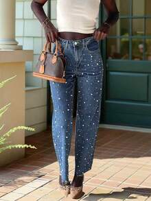 Pantalones vaqueros anchos casuales de cintura alta, con lavado, cómodos y con tachuelas, de estilo callejero europeo y americano de moda, para mujeres