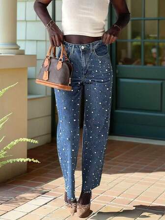 时尚欧美街头风重磅缀饰弹力水洗舒适高腰铆钉奢华女款蓝色牛仔阔腿休闲裤