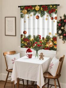 Cortina transparente decorativa com estampa de galhos de pinheiro e frutas natalinas (1 unidade), ideal para sala de estar, quarto, cozinha e decoração de festas de Natal. Gramatura: 100g/m². Ideal para decoração de Natal, decoração natalina e decoração de casa.