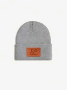 1pc Baby Leather Patch Vintage Letter Decor Grey Beanie, Choose From 26 Letters, Soft & Comfortable Unisex Infant Autumn/Winter Warm Hat, Suitable For Holidays, Birthdays, Daily Wear - Grey - View 14