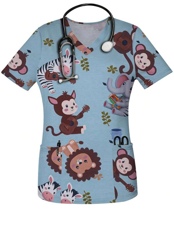 Zoo Animals Print V Neck Short Sleeve Scrub Top For Women With Pockets Regular Fit Cute Cartoon Knitted Fabric Uniform