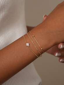 3pcs Layered Women Bracelet, Mixed Flower Zirconia Decor Chain Style, Elegant & Graceful