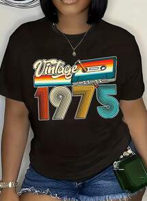 Vintage 1975 Retro Tape Cassette Design T-Shirt For Women - 70s Nostalgia Style With Colorful Graphic Print, Perfect Gift For 1975 Birth Year Celebrations, 220g - 黑色 - 查看 1