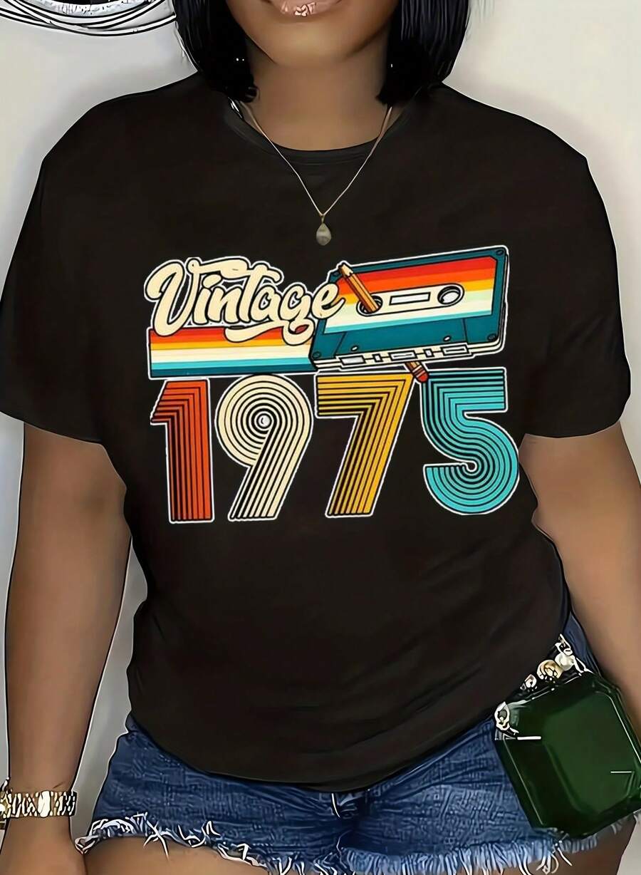 Vintage 1975 Retro Tape Cassette Design T-Shirt For Women - 70s Nostalgia Style With Colorful Graphic Print, Perfect Gift For 1975 Birth Year Celebrations, 220g - 黑色 - 查看 1