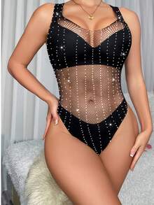 Sensual Women's Top With Rhinestones And Cutouts - Bare Back And Shaping Adjustment - Black - Rhinestone Shine And Fishnet Illusion - Sensual - Photo - Stunning Look - Charm And Seduction - Fatal Attraction - 黑色 - 查看 3