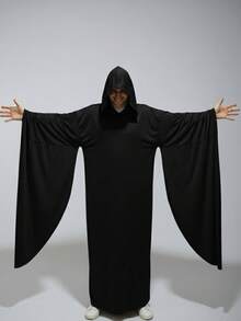 Disfraz de Halloween para adultos con capucha negra para hombre capa larga traje de hechicero para cosplay - Negro - Ver 2