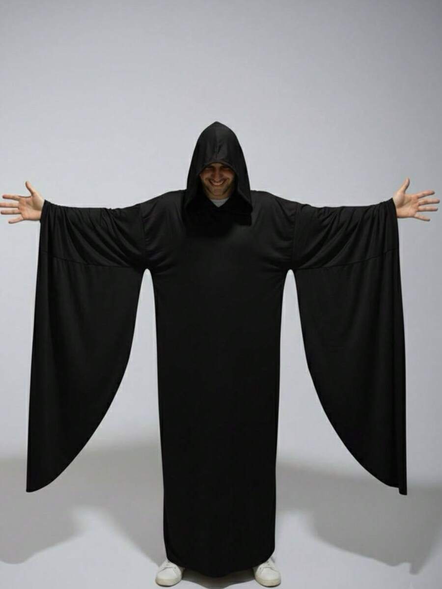 Disfraz de Halloween para adultos con capucha negra para hombre capa larga traje de hechicero para cosplay