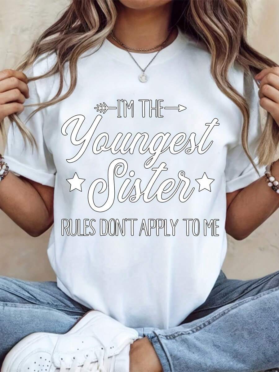 Sisters Is Always Sisters Printed Shirt Cotton Women's Fashion Plus Size T-Shirt Casual Short Sleeve, Suitable For Daily Wear, 220g - White - View 1