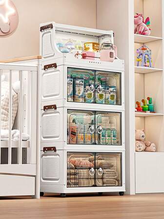 1pc Plastic Folding Storage Cabinet, Double Door Home Living Room Toy Organizer Box, Bedroom Storage Cabinet With Wheels, Wardrobe Closet Storage Box, Kitchen Cart Organizer Rack