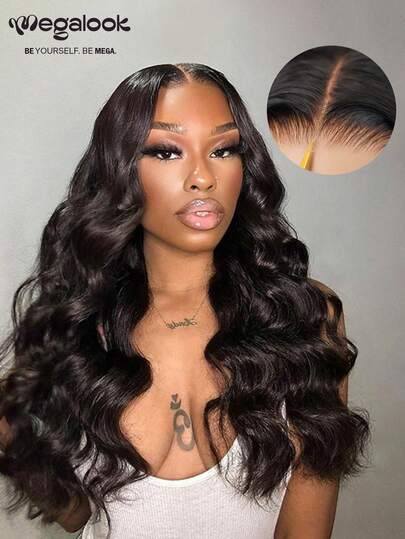 MEGALOOK Peluca de cabello humano 100% de 20 pulgadas con ondas corporales, cierre de encaje transparente de 6x6 T-Part, línea del cabello previamente recortada y desbrozada, nudos diminutos, sin pegamento, ligera y cómoda todo el día, con mínimo desprendimiento para uso diario
