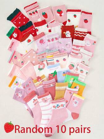 Random 10/20 Pairs Of Children's Socks For All Seasons, Soft, Comfortable, Cute Cartoon Bunny, Strawberry Design Pattern, Fashionable Stripes, Girls' Baby Socks, Versatile And Casual, Mid Tube Socks Suitable For Daily Or School Use