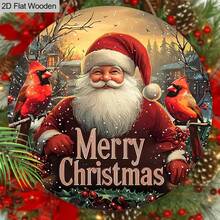 Christmas Cardinal Wooden Wreath Sign, Hanging Santa Claus Holiday Decoration, Festive Front Door Wall Decor With Seasonal Greetings, Durable Wood Material With Traditional Design For Yuletide Cheer