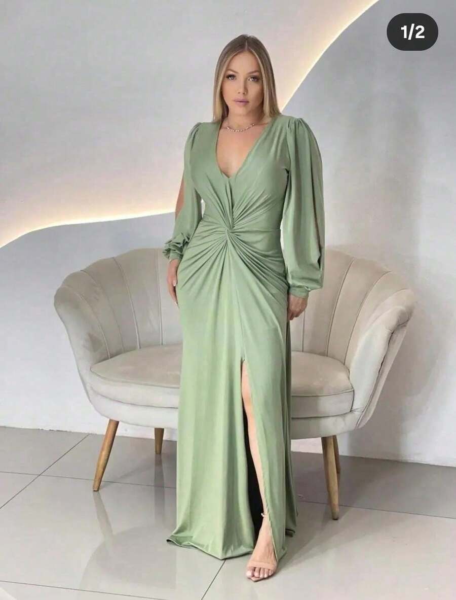 Long Sleeve Dress With Fluity Slit And V-Neckline - Màu xanh Ô liu - Xem 1