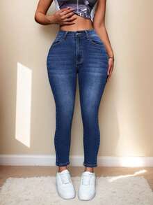 Pantalón vaquero mezclilla skinny jeans dama mujer cintura alta corte ajustado stretch bolsillos funcionales cierre reforzado botón metálico costuras visibles cómodo diario casual - Azul - Ver 1