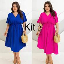 Kit 2 Vestidos Midi Femininos Duna Liso – Azul Royal e Preto – Plus Size, Decote V, Cintura com Elastano, Veste 36 ao 50 - AZUL/ROSA - Visão 1