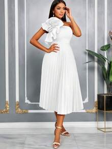 AOMEI White Elegant Pleated One-Shoulder Dress, Floral Pleated Party Dress, Sleeveless A-Line Evening Gown, Birthday Dress For Women - White - View 4