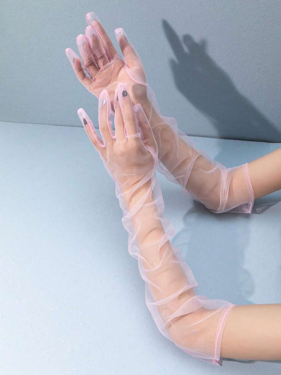 1 双女士红色网眼长款正式手套，装饰性派对手套