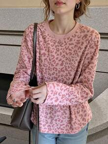 Camiseta informal de mujer con estampado de leopardo rosa, manga larga, cuello redondo, corte regular, para uso diario y casual en otoño/primavera. - Rosa - Ver 7