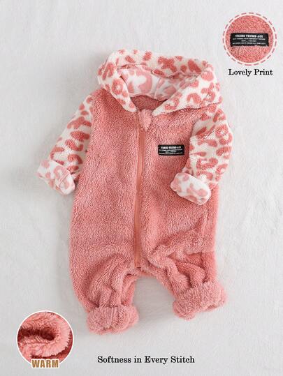 Cute Baby Girl Leopard Print Patchwork Letter Graphic Hooded Ear Decor Jumpsuit, Comfortable For Autumn/Winter