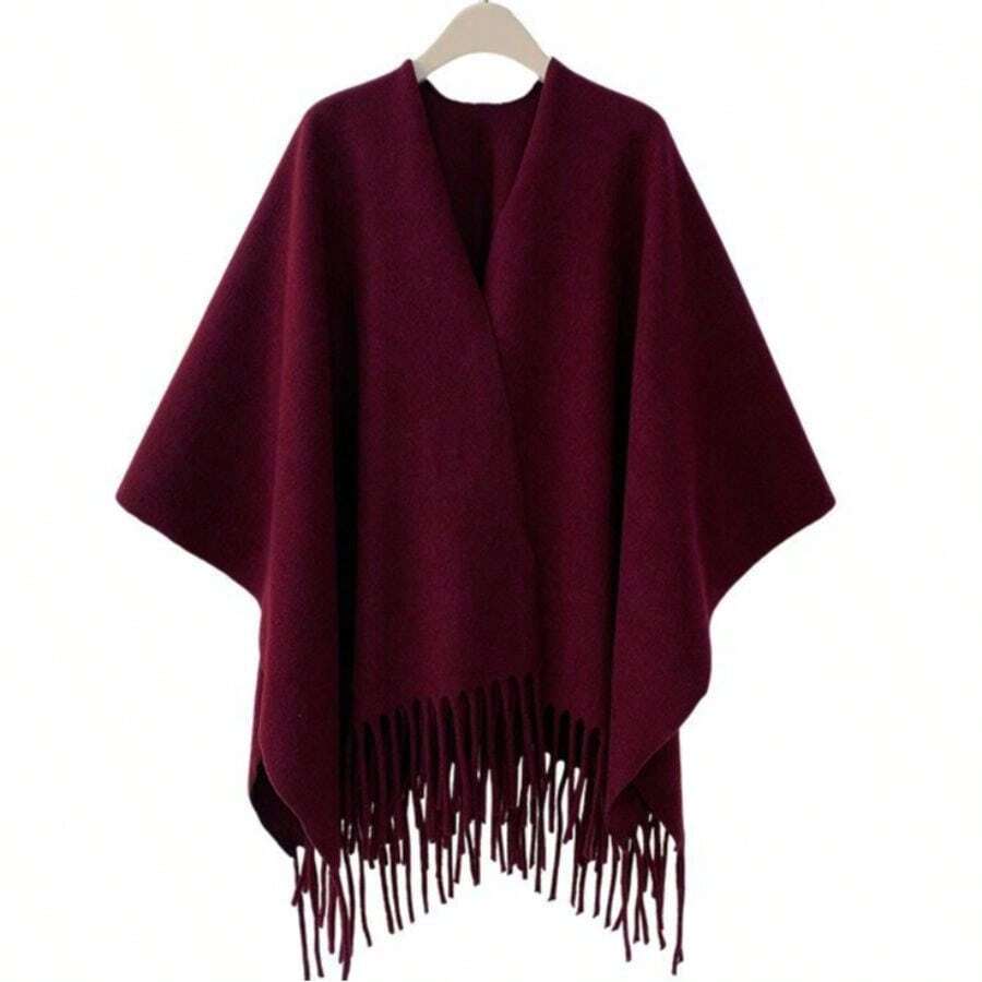 Women's Oversized Fringe Poncho Shawl Wrap Office Air-Conditioned Room Shawl Outer Wear Women's Four Seasons Cloak Travel Wear Cloak Airplane Blanket In Various Colors - 酒紅色 - 查看 1