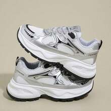 Women's Spring/Autumn New Sports Chunky Sneakers, Mesh Breathable Platform Low Vamp Wedge Heel Casual Shoes, Lightweight Versatile Fashion Casual Lace-Up White Gray Sneakers, White Blue - Silver - View 6