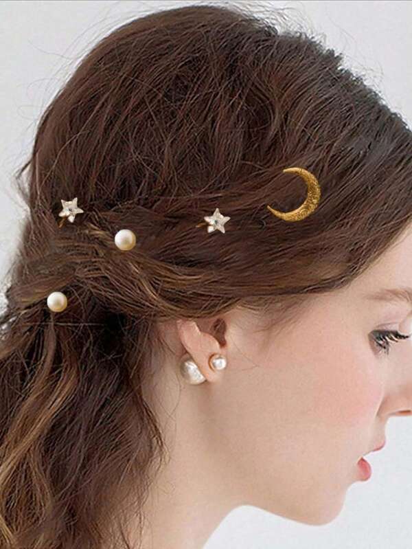 5pcs-Set/6pcs-Set Butterfly Rhinestone Faux Pearl Moon Star Headwear Set Autumn And Winter Accessories Fashion Bride Bridesmaid Hair Accessories Hair Clip Set Wedding Decoration Hair Clip Ball Hair Accessories,Gifts,Travel,Gifts For Women,Hair Stuff,Stocking Stuffers