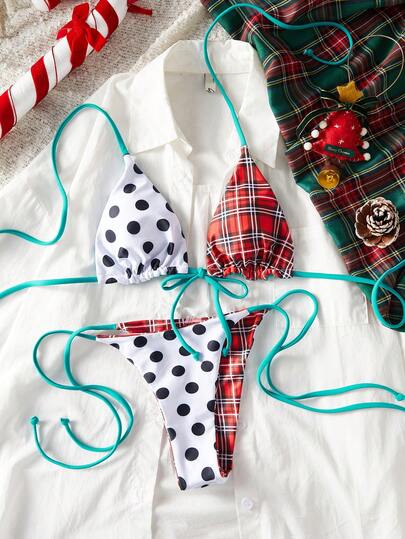 Women's Summer Beach Plaid & Polka Dot Print Halter Tie Sexy Bikini Two-Piece Swimsuit Set