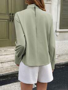 Women's Autumn Winter Casual Simple, High-End, Solid Color Small Stand Up Collar Long Sleeved Top, Semi Formal Solid Green Dress Shirt