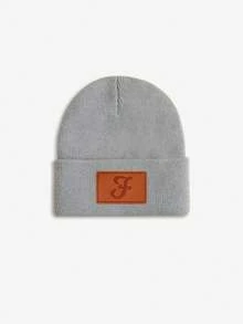 1pc Baby Leather Patch Vintage Letter Decor Grey Beanie, Choose From 26 Letters, Soft & Comfortable Unisex Infant Autumn/Winter Warm Hat, Suitable For Holidays, Birthdays, Daily Wear - Grey - View 27
