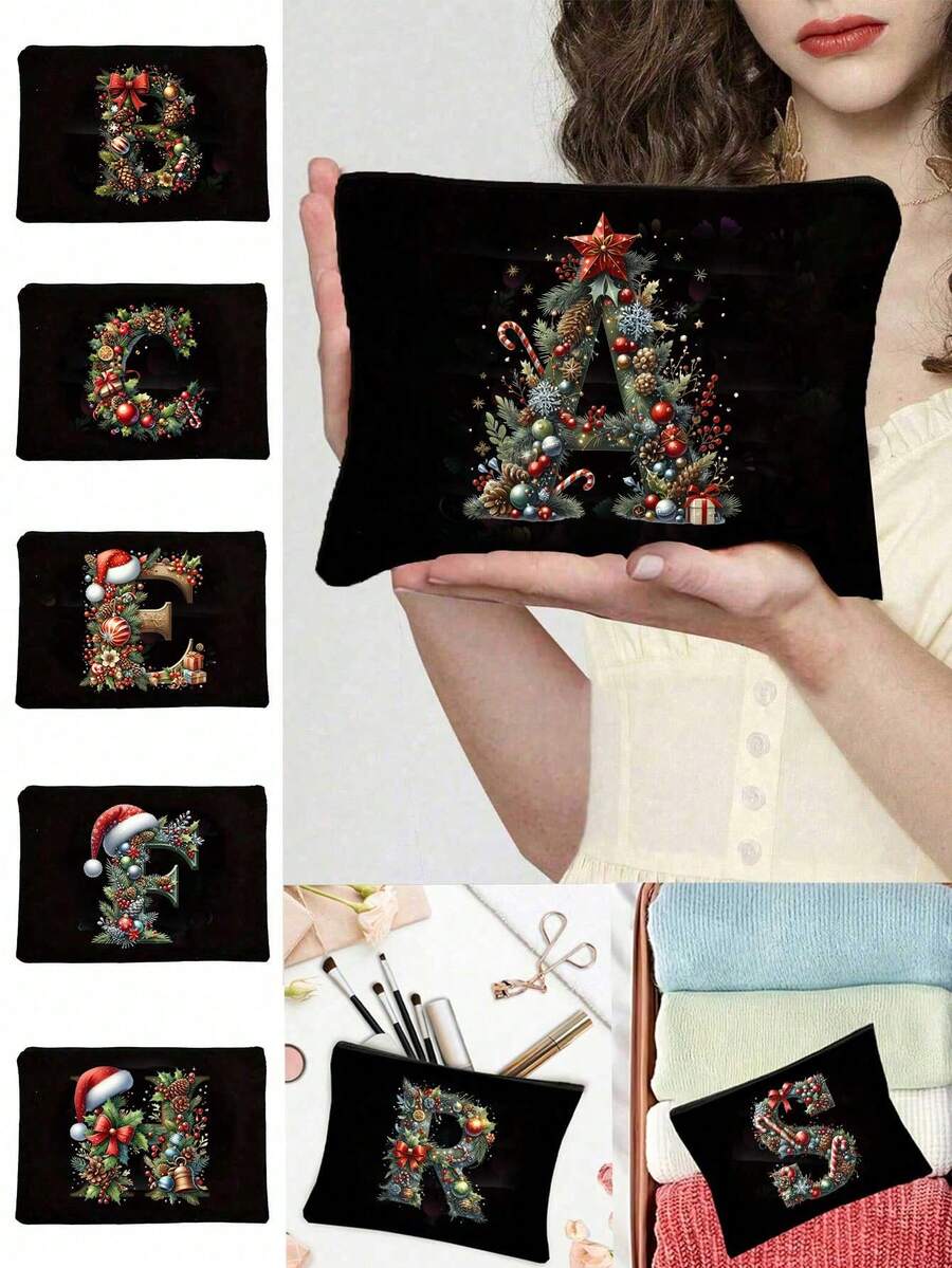 Bolsa de cosméticos con inicial de flor de la serie A-Z, de unicolor, bolsa de almacenamiento con patrón de letra retro simple y elegante, regalo de Navidad, bolsa de almacenamiento de artículos pequeños, bolsa de almacenamiento multifuncional, bolsa de almacenamiento de esmalte de uñas, bolsa de almacenamiento de cosméticos de moda, neceser, bolso, bolsa de almacenamiento plegable ligera, bolsa de compras simple, bolso de regalo para maestros, enfermeras, médicos, maestros, adecuado para el almacenamiento de cosméticos de viaje personal
