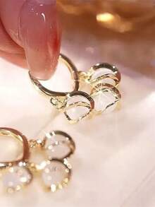 1 Pair Elegant Copper Tone Earrings With Faux Pearl Beads And Shimmering White Gems, Perfect Gift For Birthday, Christmas, Anniversary