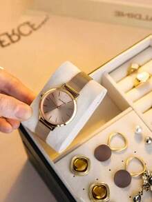 1pc Three-Layer Jewelry Storage Box, Dressing Table With Drawer Jewelry Storage Box, Gift Leather Jewelry Box, Portable Jewelry Storage Box, Desktop Storage Drawer Box, Stackable Storage Box, Can Store Watches, Necklaces, Rings, Pendants, Bracelets And Other Multi-Functional Jewelry Storage Boxes, Exterior With Locking Leather Design,