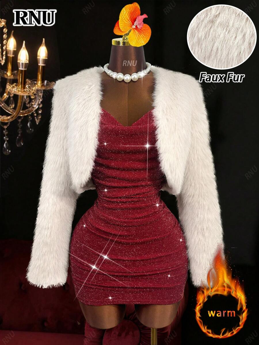 RNU 杏色卡其色优雅迷人性感复古奢华通勤浪漫长袖婚礼宾客生日情人节商务休闲晚宴约会正式办公室着装老钱风格带衬里V领春夏秋冬开襟短外套2026新款百搭柔软亲肤短款蓬松人造毛皮外套冬季保暖羽绒服新年 - 杏色 - 查看 1