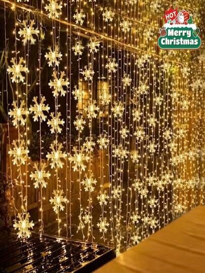 1pc 118.1-Inch Snowflake String Lights - Battery Powered High-Quality Plastic Street And Area Lighting, Snowflake Design, Ideal For Christmas, New Year, Thanksgiving Decoration (Batteries Not Included), Holiday Lighting, Winter Theme Decor, Durable Plastic Lights