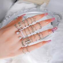 Set de 20 de inele cu perle artificiale, flori și frunze goale, potrivite pentru purtarea zilnică a femeilor